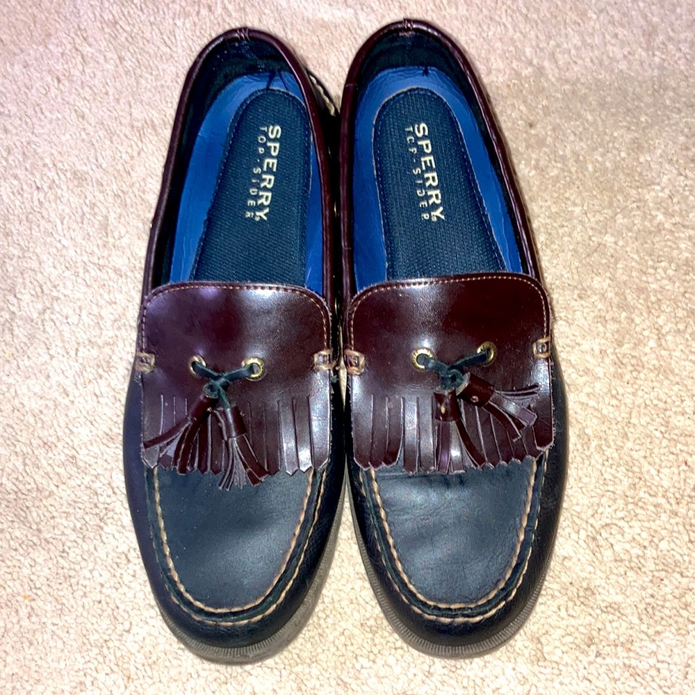 Sperry Topsiders Men’s Brown/Black Leather Slip-on Tassel Loafers: Size 10M